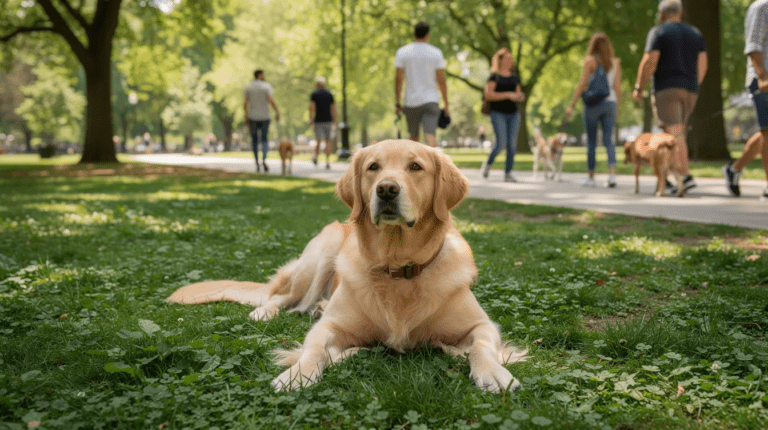 Professional dog trainers ensuring calm behavior in busy parks
