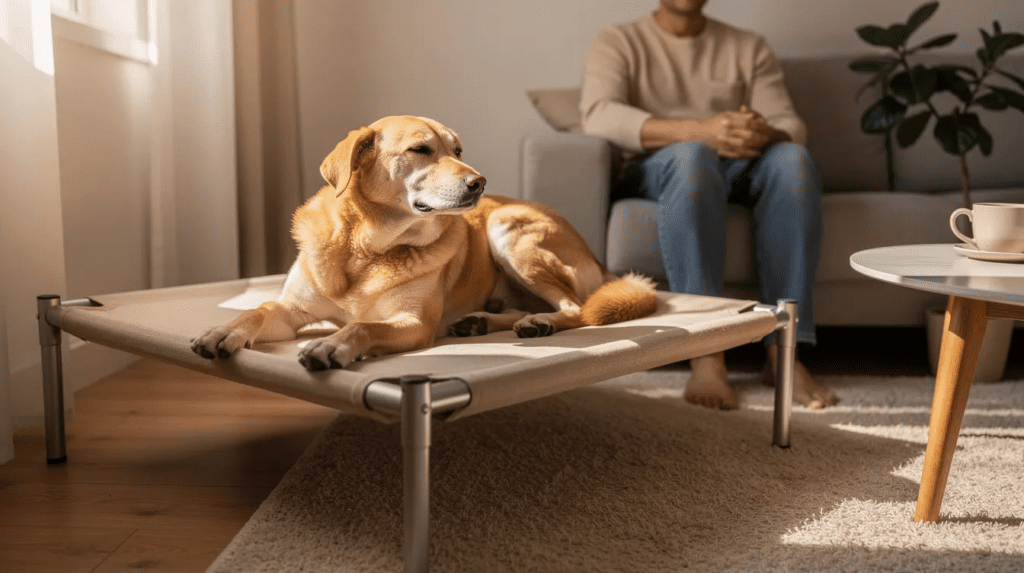 Dog resting calmly during dog humping behavior training
