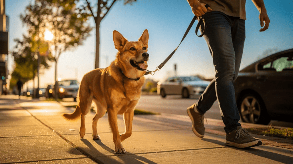 Leashed dog walking calmly to reduce dog humping behavior

