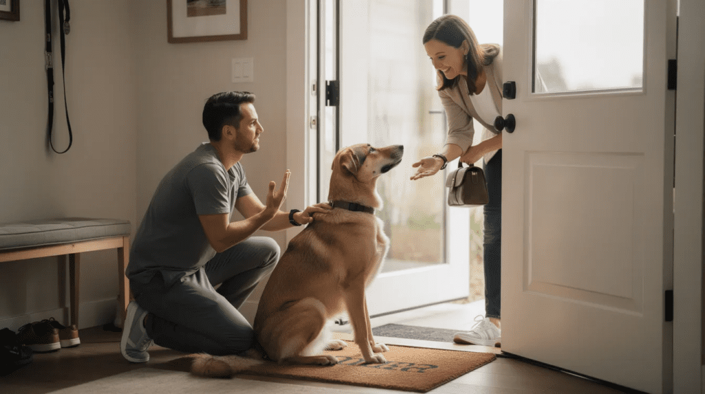 Training how to stop a dog from licking people at the door