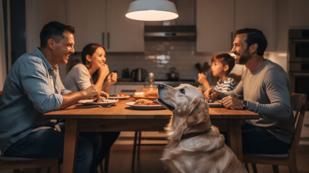 Dog begging for food beside family dining table
