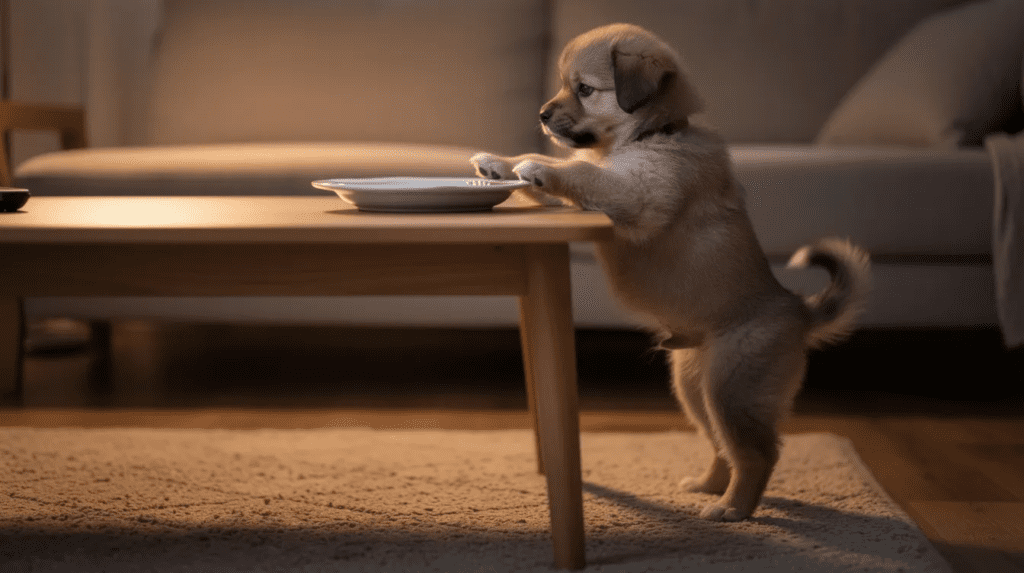 Puppy shows dog begging for food at coffee table