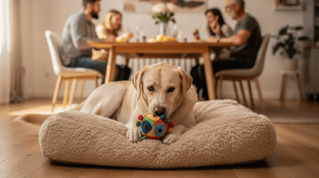 Dog begging for food rests near family dinner
